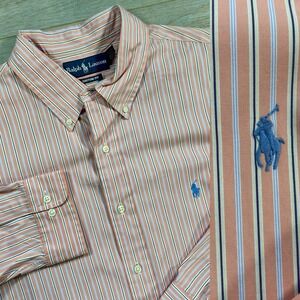 Ralph Lauren Custom Fit Mens 17.5 - 32/33 Orange Stripe Button Down Casual
